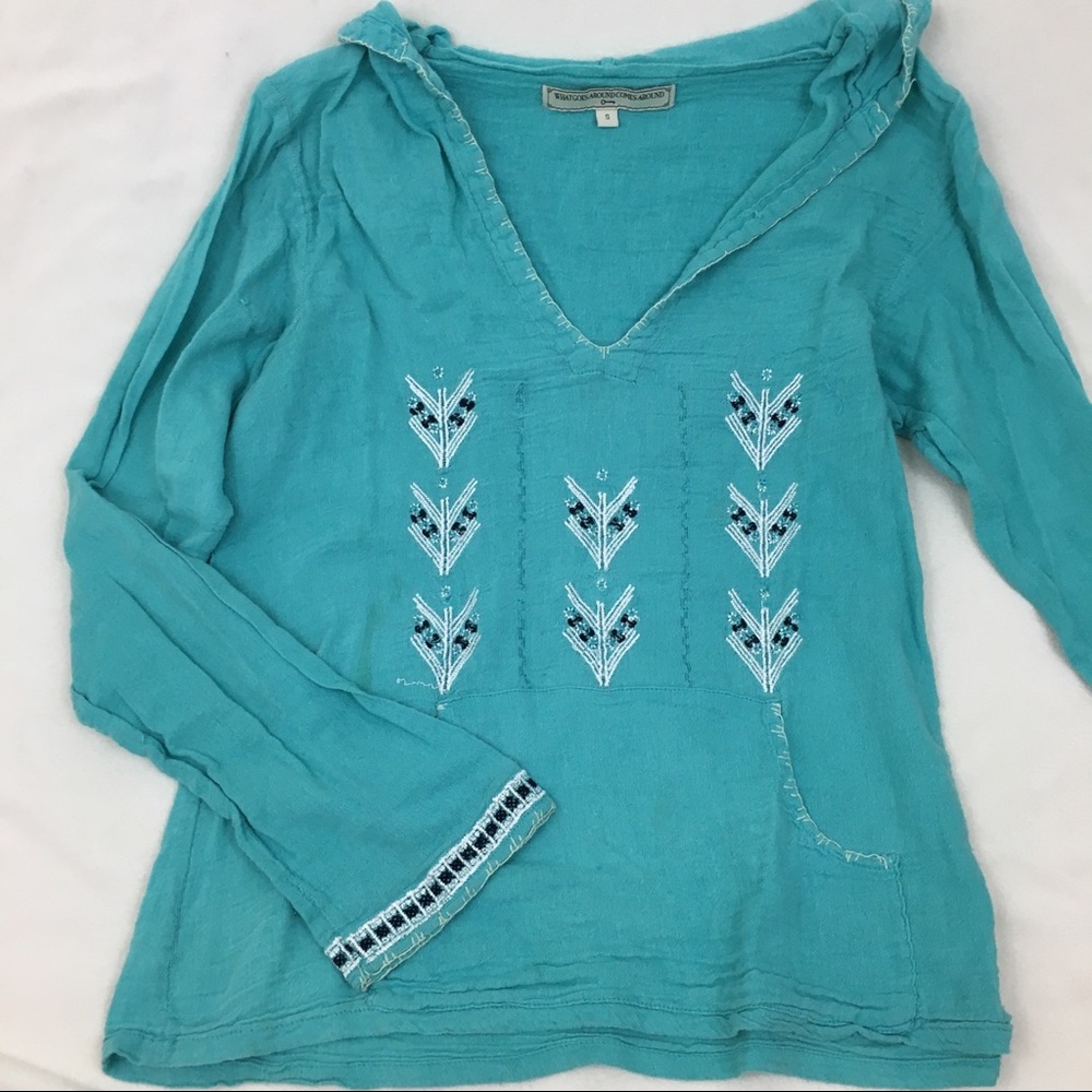 [Vintage] Turquoise Hooded Pullover Tribal Tunic